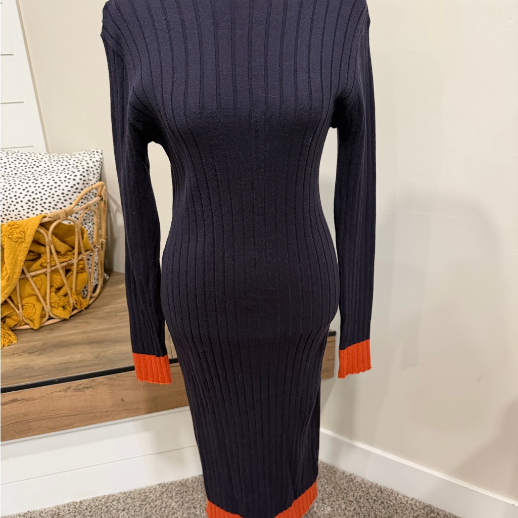 Roolee Navy And Orange Ribbed Midi Dress